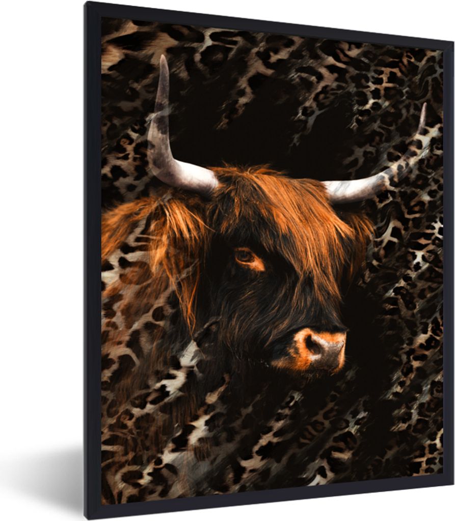 MuchoWow Gerahmtes Poster Schottischer Highlander - Pantherdruck - Kuh 60x80 cm - Poster mit Schwarzem Bilderrahmen Wandposter Rahmen Foto Bilder...