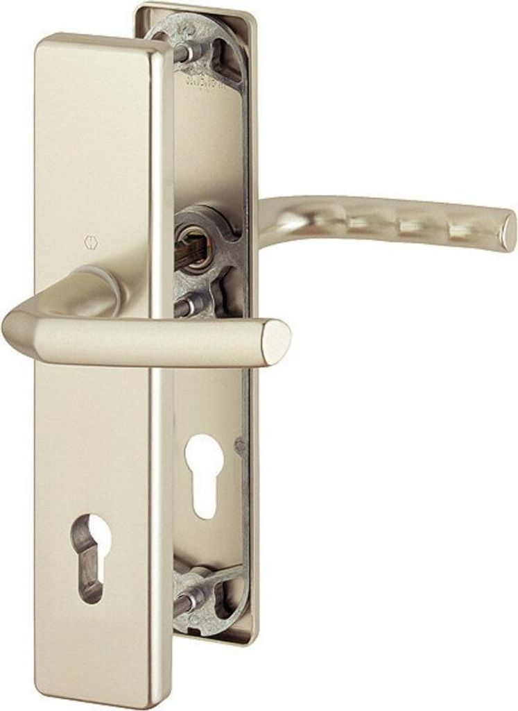 A close-up view of a door handle set with a keyhole.
