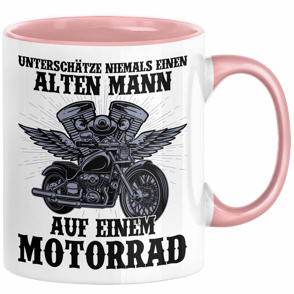 Motorradfahrer Geschenk Tasse Kaffee-Becher Motorrad Spruch Unterschätze Niemals Einen Alten Mann Auf Einem Motorrad Spruch Männer (Rosa)