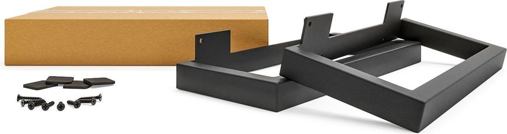 A set of black furniture feet and a cardboard box are displayed on a white background.