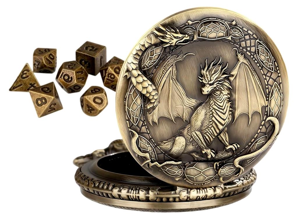 Würfel-Set aus Metall, 6,3 cm (2,5 Zoll) | 7-teiliges RPG-Würfelspiel mit Taschenuhr-Etui, tragbares Zubehör für Brett- und Rollenspiele