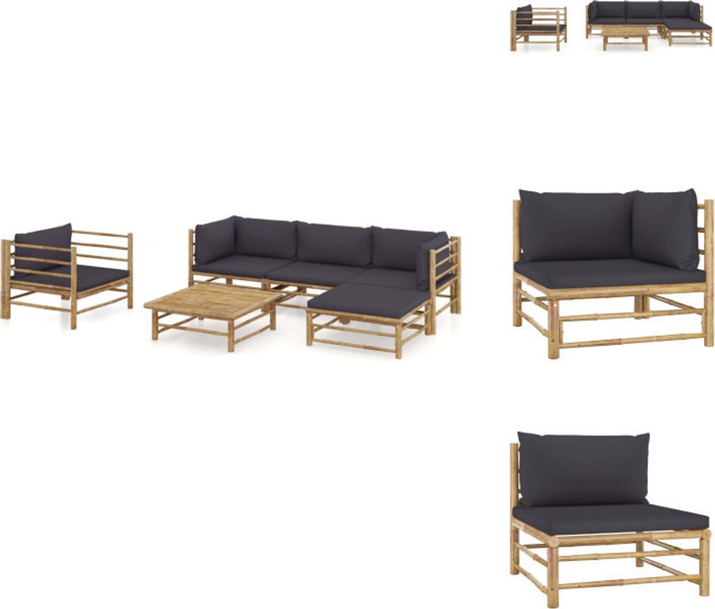 vidaXL 6-tlg. Garten-Lounge-Set mit Dunkelgrauen Kissen Bambus - Gartenmöbel-Sets