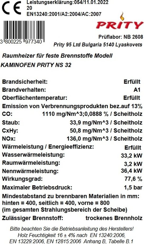 EEK-A - Wasserführender Kaminofen Holzofen Prity NS32 33.2 Produktbild 5