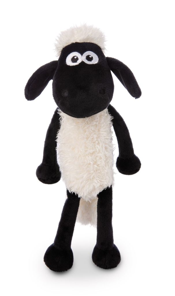 A plush toy sheep standing against a white background.