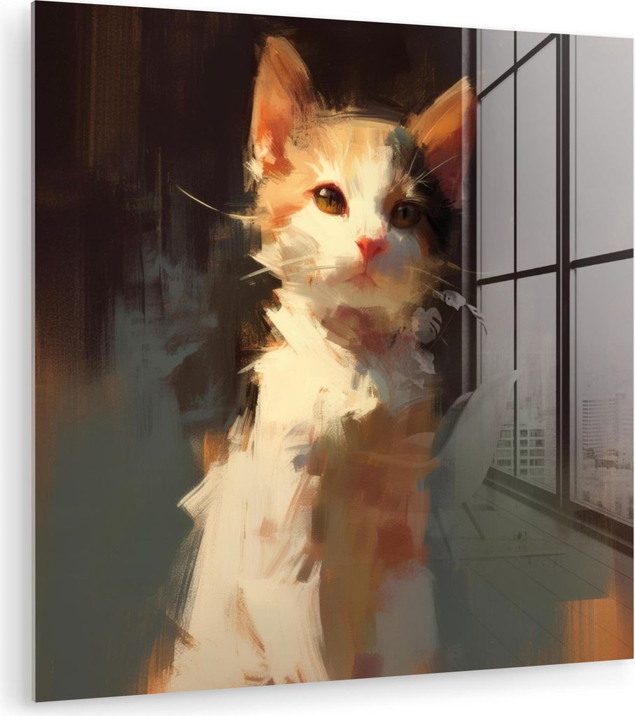 MuchoWow Glasbilder - Bilder auf Wandbild - Foto auf Glas Katze - Gemalt - Künstlerisch - Weiß 90x90 cm Wanddekoration aus Glas - Acrylglasbild -...
