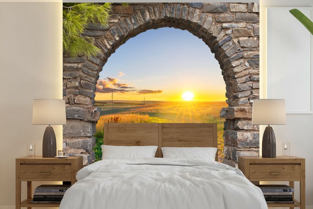 MuchoWow Fototapete für Wohnzimmer oder Schlafzimmer Wandtapete Vinyl Motivtapete Landleben - Sonne - Aussicht - Landschaft - 350x350 cm - Schla...