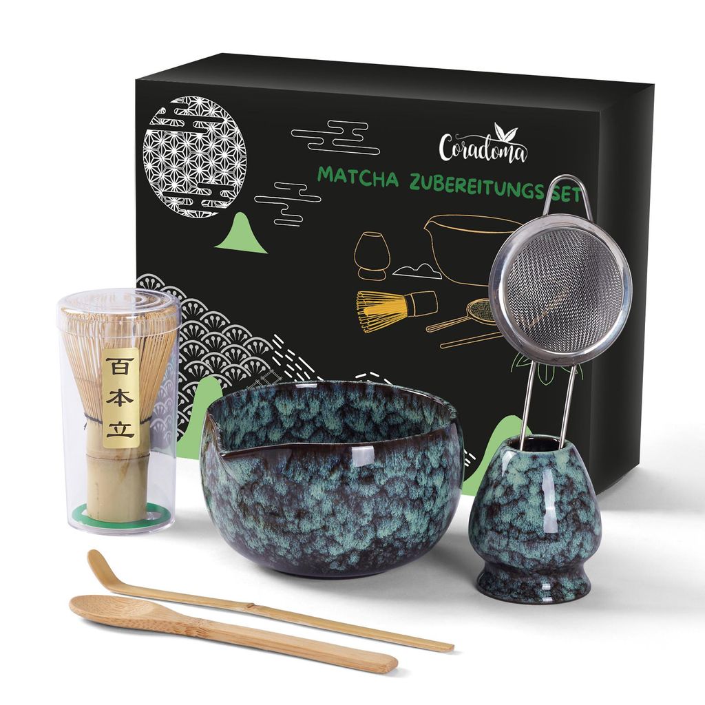 Matcha Tee Set 7-teilig – Japanisches Ceremonial Matcha Zubereitungsset | mit Bambus Chasen, Chashaku Löffel, Schale | Premium Geschenkset
