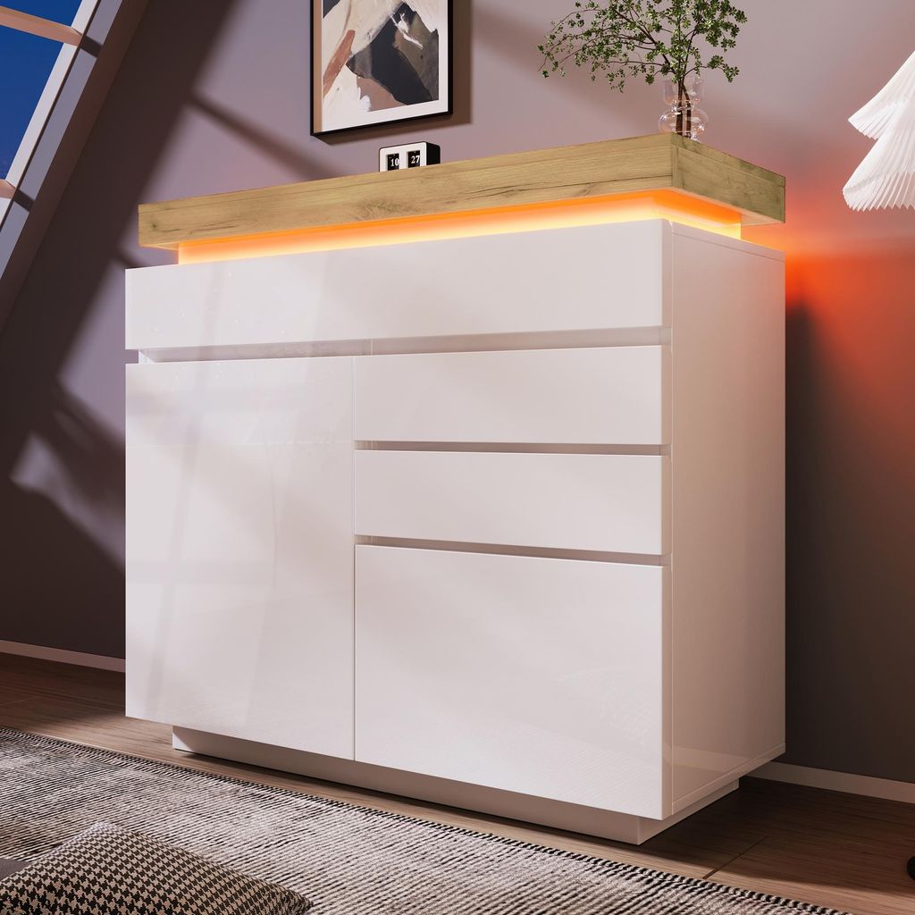 Commode Sweiko, buffet brillant avec 2 portes et 3 tiroirs, Image du produit 