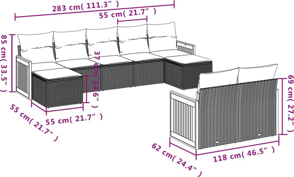 vidaXL 9-teiliges Gartensofa-Set mit Kissen, schwarzes Polyrattan