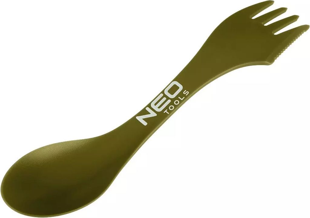 A single, multi-tool utensil with a spoon on one end and a fork with a serrated edge on the other, against a white background.