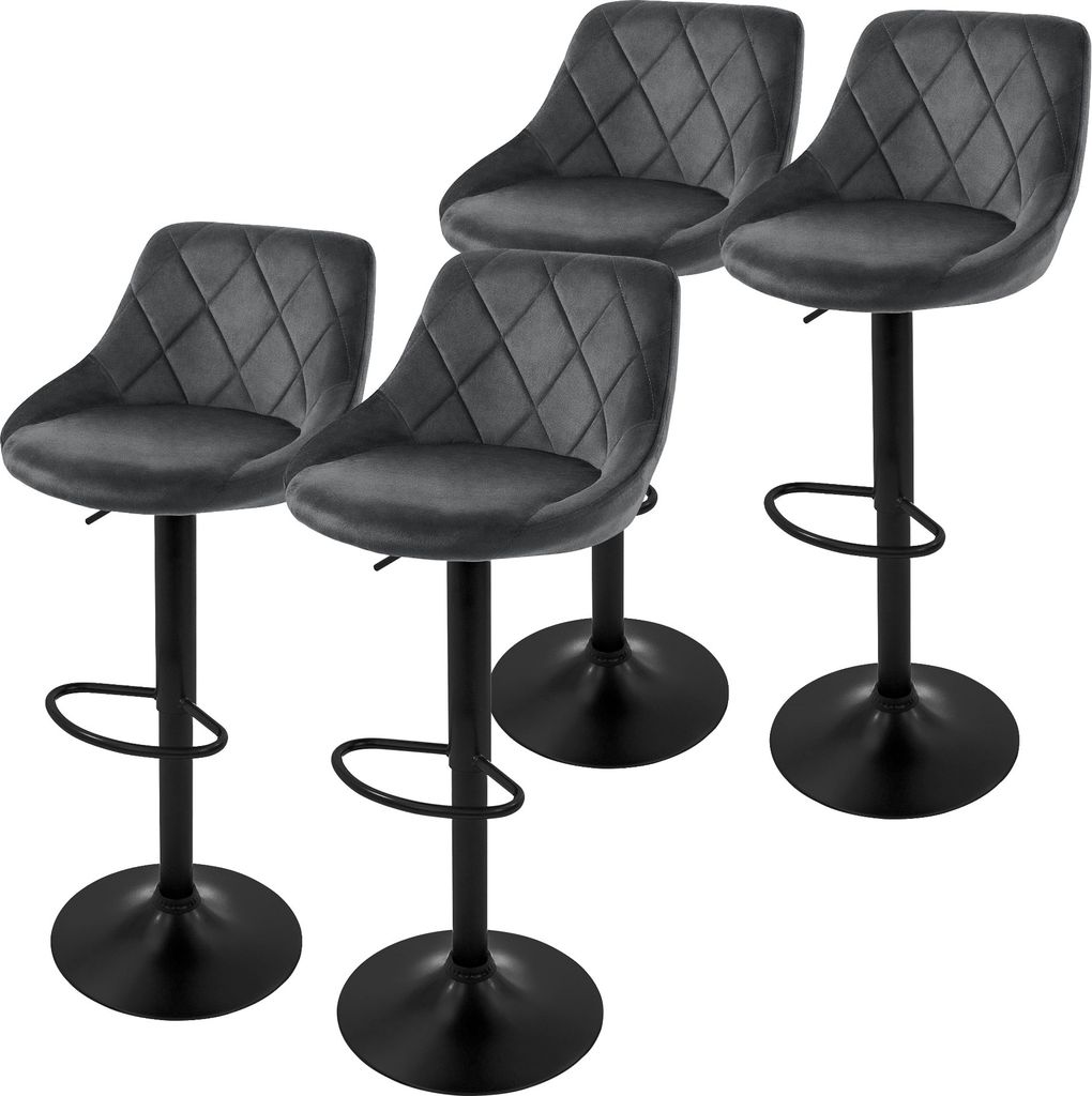 Four gray bar stools are arranged in a group against a white background.