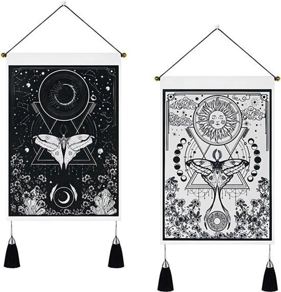 Lot de 2 tapisseries murales Tarot Lune et Soleil noir et blanc 35x50 cm