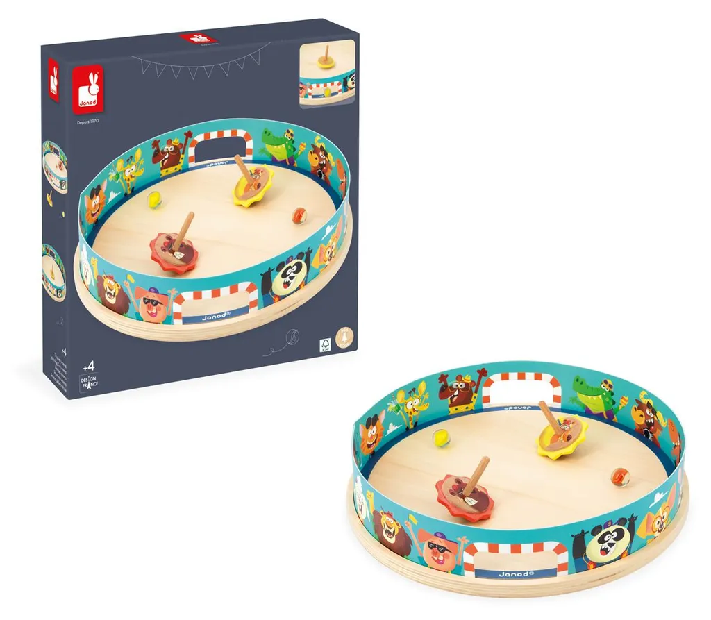 Janod Applepop arène giratoire en bois, toupies et jeu d'adresse enfant
