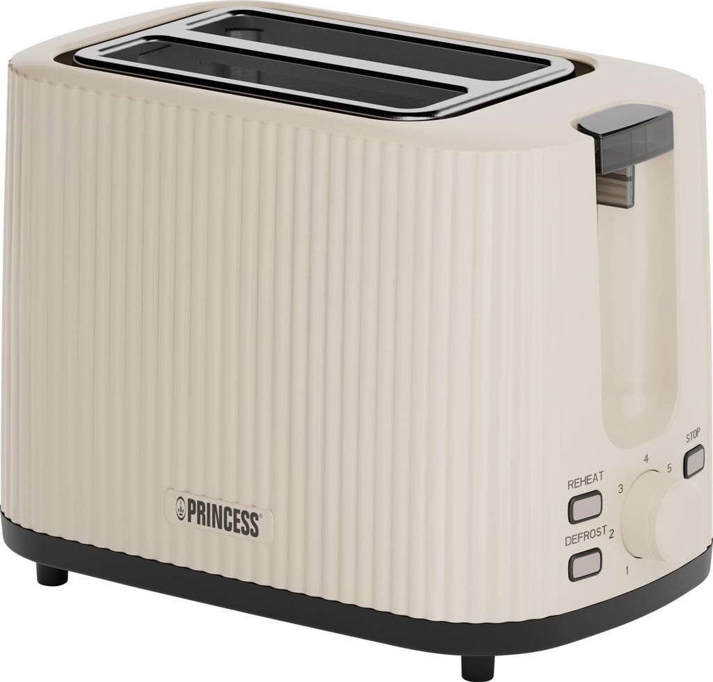 A beige toaster with a black base is shown from a slightly elevated side angle against a white background.
