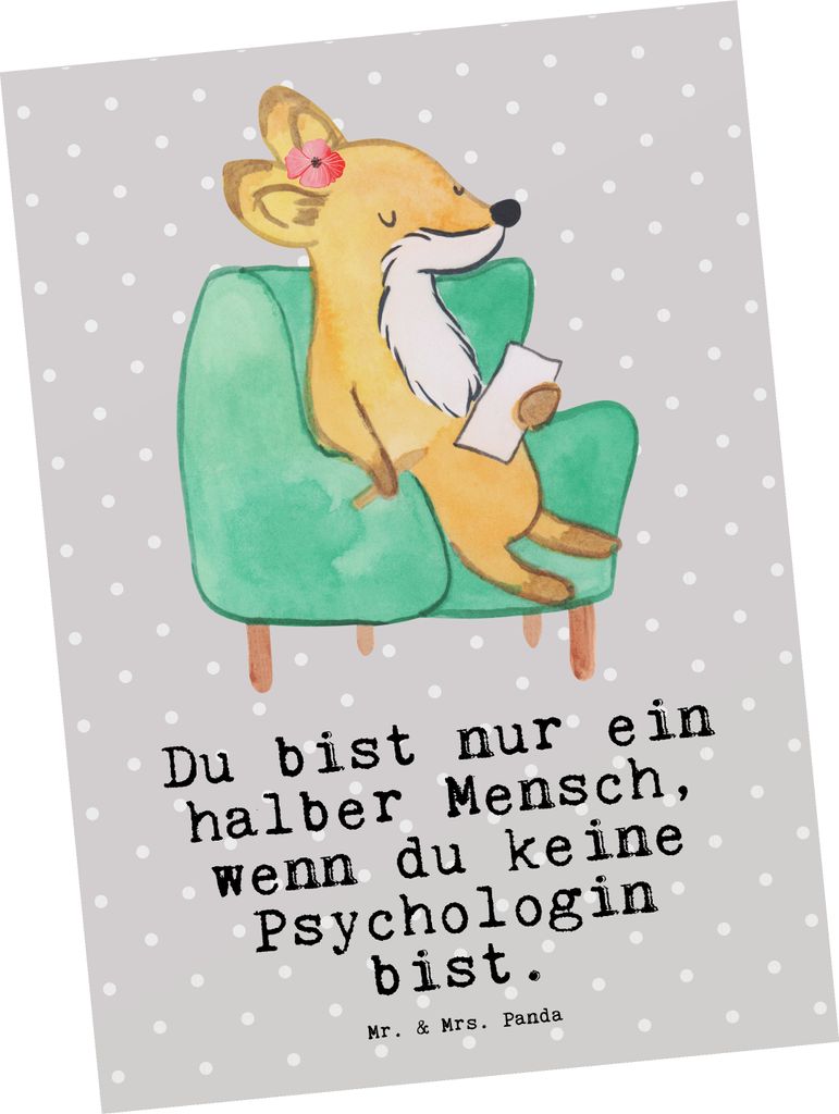 Mr. & Mrs. Panda Postkarte Psychologin Herz - Grau Pastell - Geschenk, Postkarten, bildkarte, Grußkarte, Ansichtskarten, Ansichtskarte