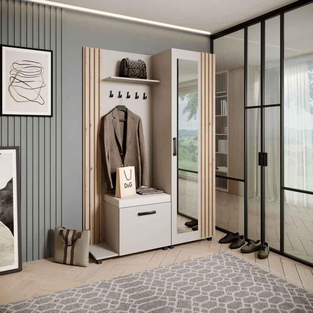 A hallway with a wardrobe set, including a mirror, coat hooks, and a bench.