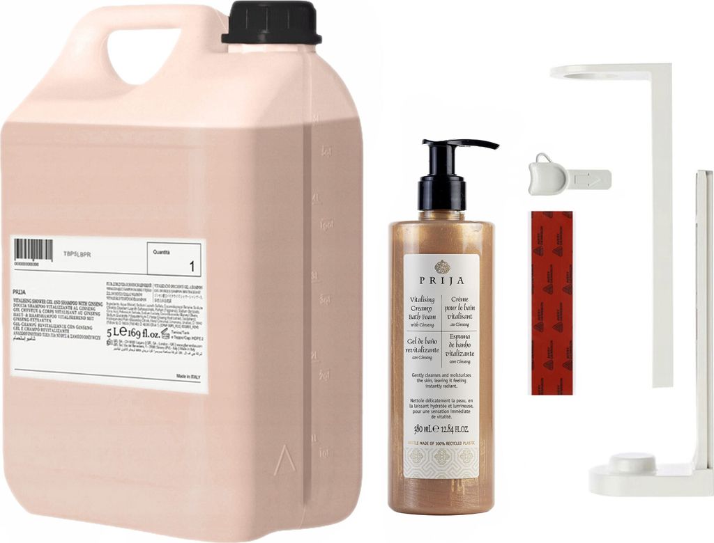 PRIJA Badezimmer-Set: weißer Flaschenhalter, 380ml feines Badezusatzmittel + 5l Vorrat
