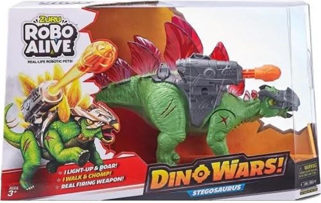 A toy Stegosaurus dinosaur in its retail packaging.
