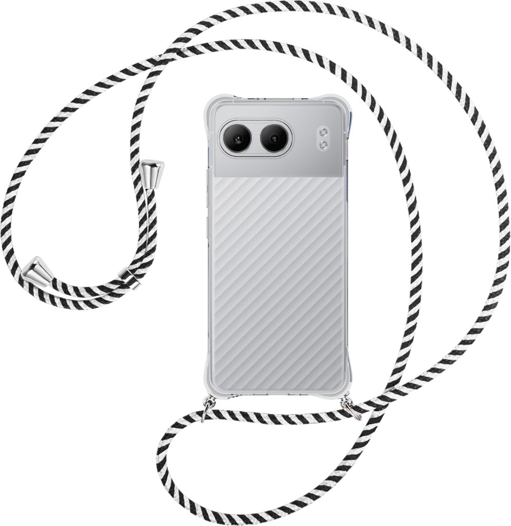 Handykette Backcover-Schutzhülle mit Band (Metall silberfarben) für OnePlus Nord 4 5G - schwarz/weiß gestreift
