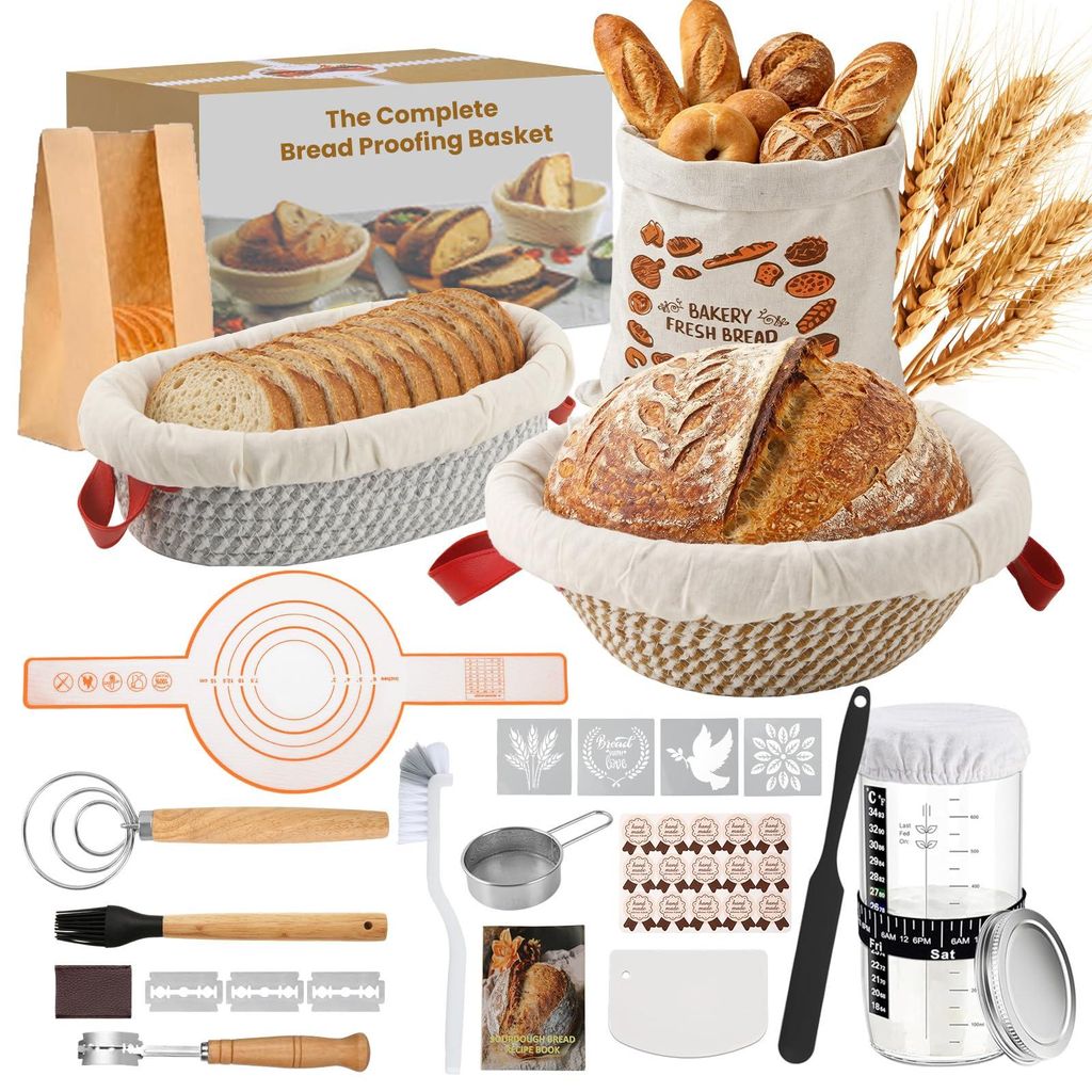 Sauerteig-Set mit 2 Gärkörben, rund & oval, 17-teilig, 650 ml Glas