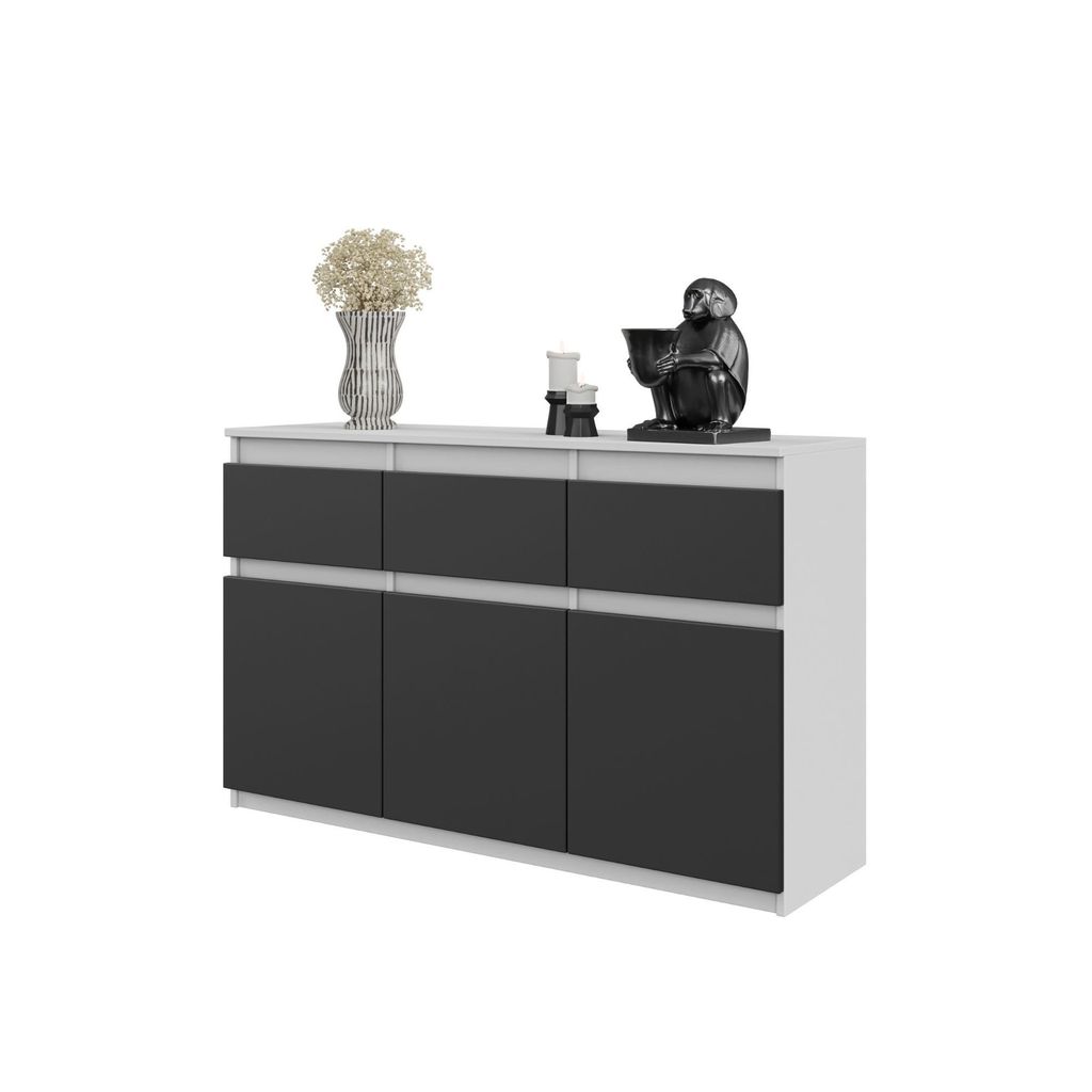 NOAH – Kommode / Sideboard mit 3 Schubladen und 3 Türen – Weiß Matt / Anthrazit – Höhe 75 cm, Breite 120 cm, Tiefe 35 cm