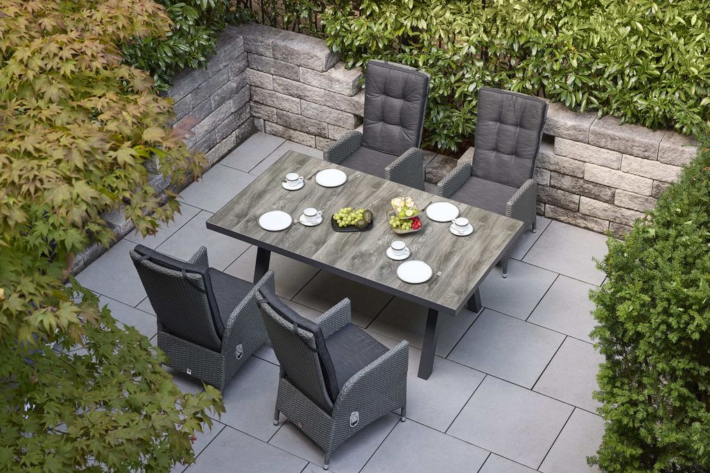 LC Garden »Barcelona« Gartenmöbel Set 5tlg. Esstisch 200cm Aluminium anthrazit/Keramik grau + 4/6 Gartenstühle Rattan Gartenset