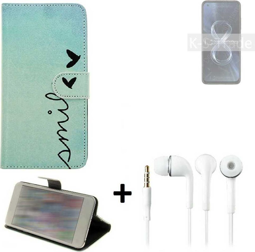K-S-Trade Schutz Hülle Handy Hülle kompatibel mit Asus 8z 360° Wallet Case Schutz Hülle ''smile'' inkl. Ohrstöpsel Smartphone cover Flipstyle