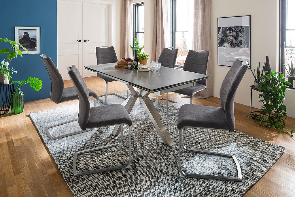 NAGANO Esstisch Tisch 160 (240) cm Edelstahl gebürstet Sicherheitsglas hellgrau
