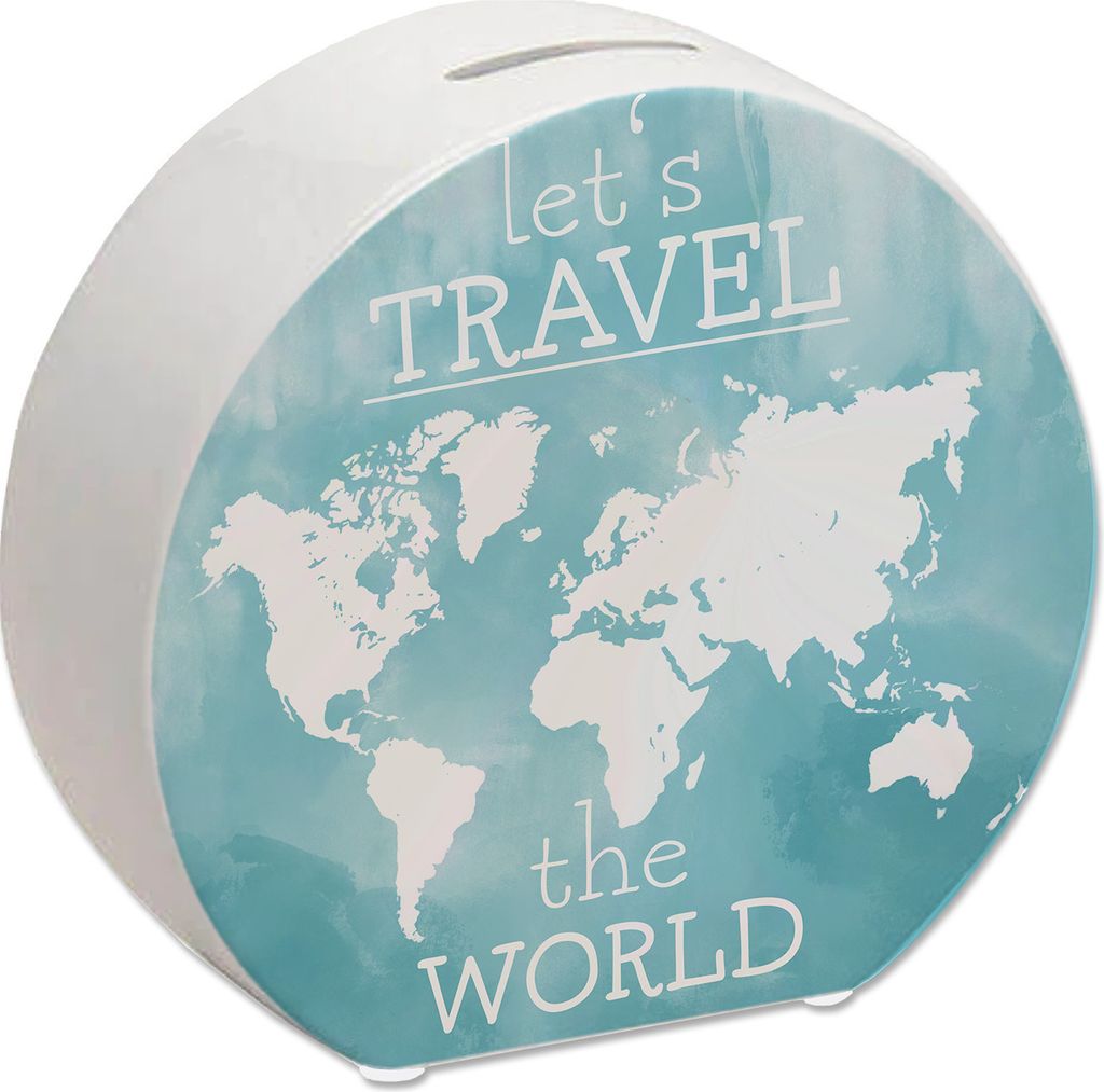 Spardose mit Weltkarten Motiv und Text - let's travel the world in Blau