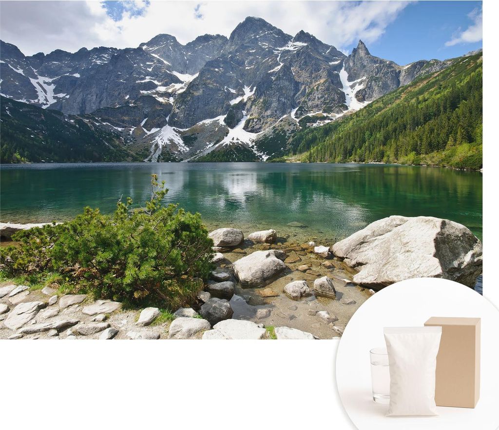 Fototapete - Wandbilder für Wohnzimmer - 312x219 cm - Dekorative Wandfolie - Modernes Design für Wanddekoration - Tapeten für Innenräume - Bergsee