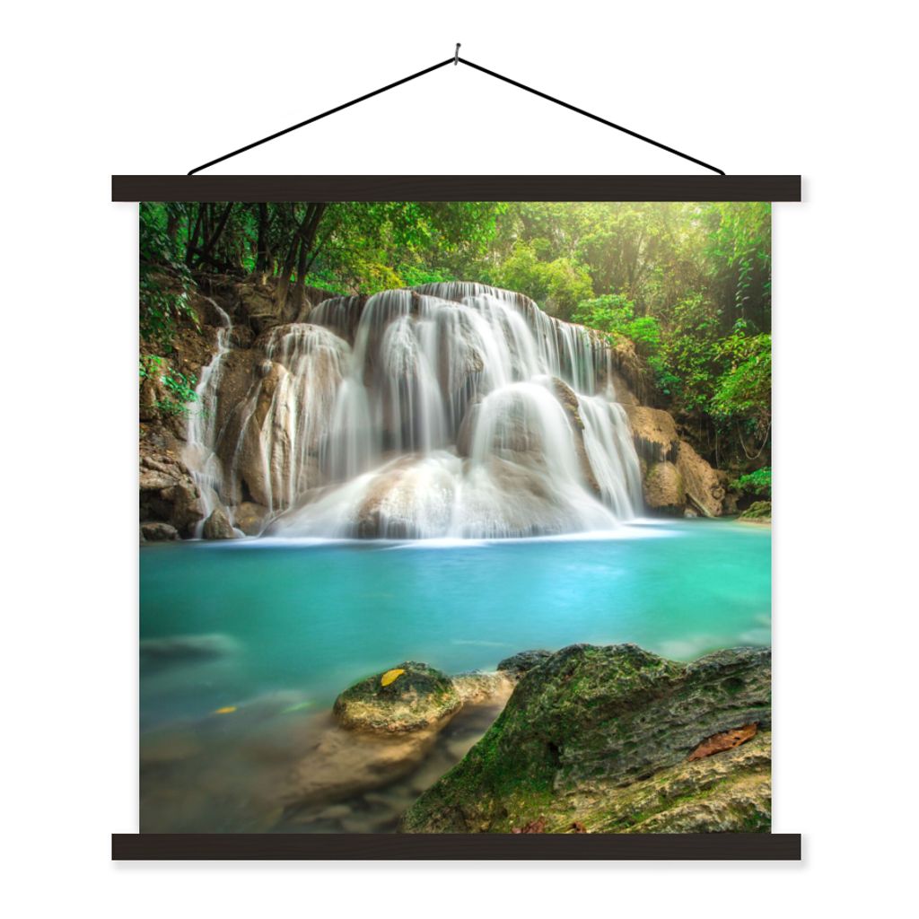 MuchoWow Textilposter Wald - Wasserfall - Natur 60x60 cm mit schwarzem Rahmen - Posteraufhänger