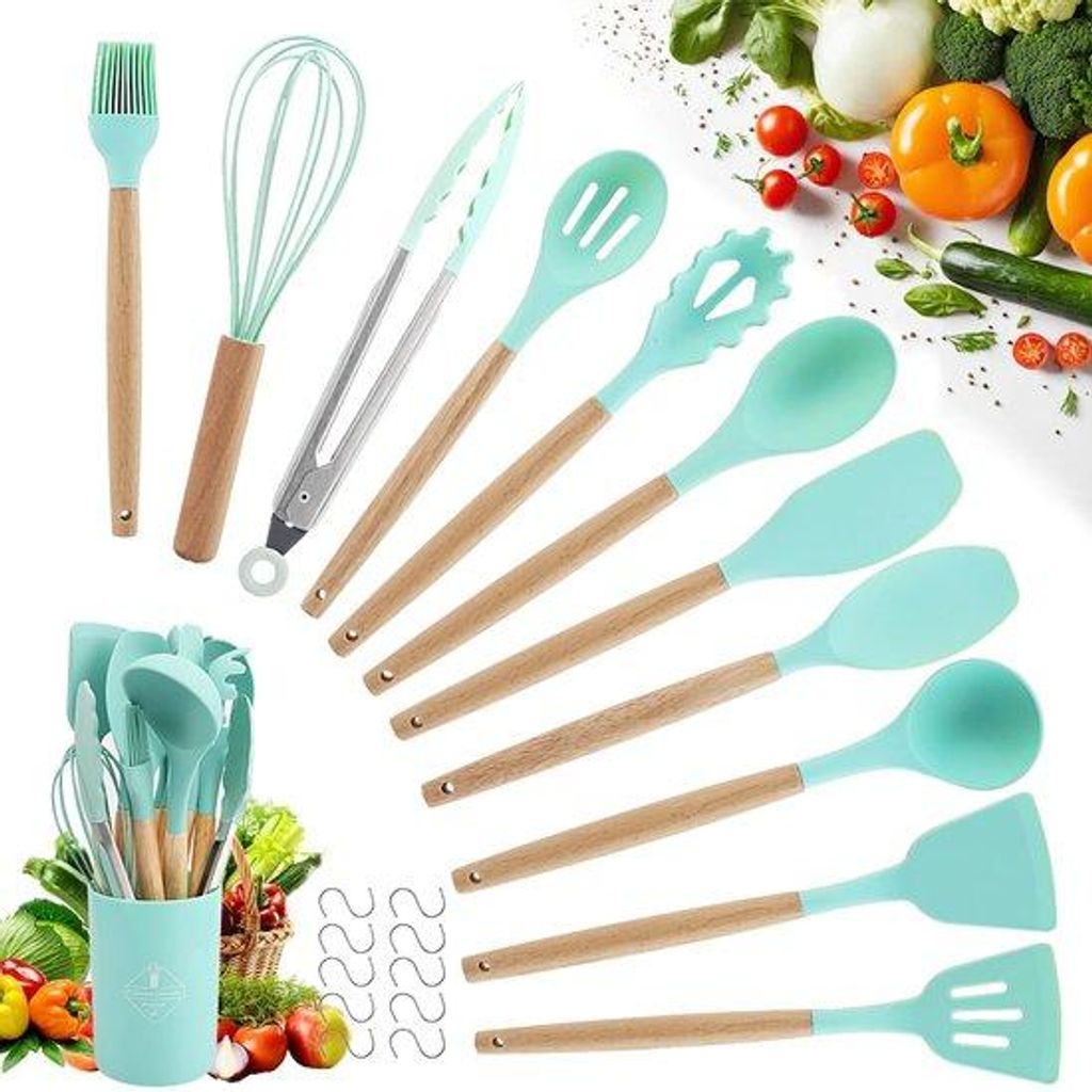 Silikonische Küchenutensilien-Set mit Halter und Aufhängern