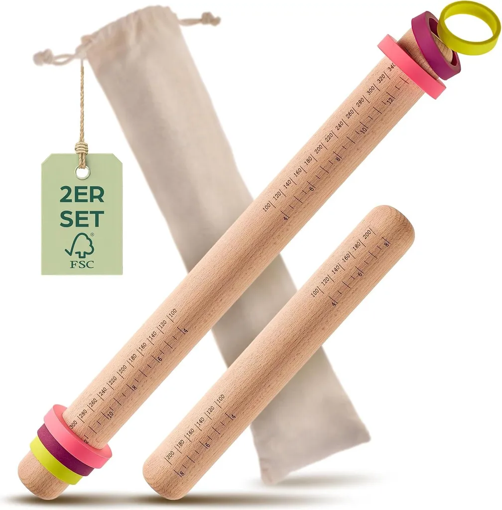 Rouleau à pâtisserie en bois avec anneaux réglables - Set de 2 pièces