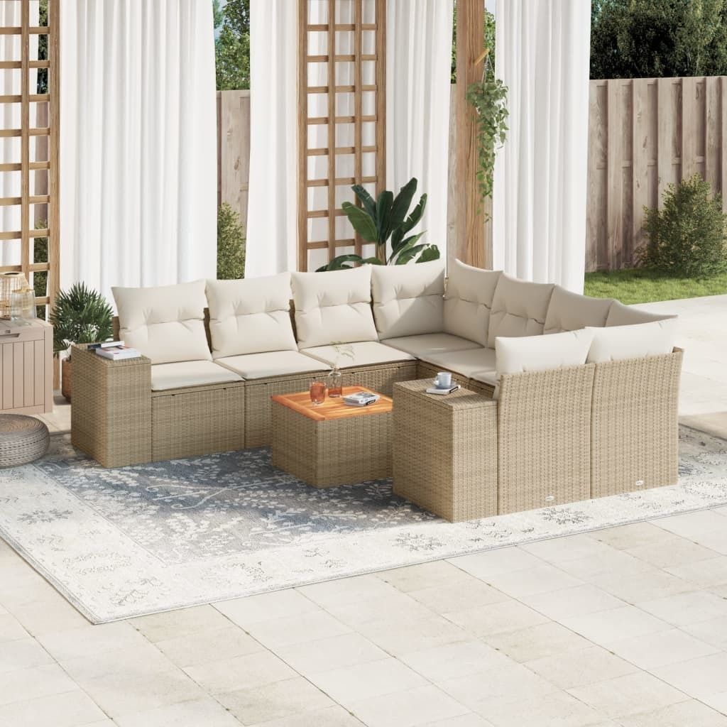 9-tlg. Garten-Sofagarnitur mit Kissen Beige Poly Rattan 3225372