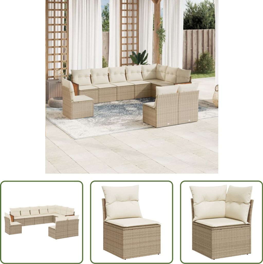 The Living Store 10-tlg. Garten-Sofagarnitur mit Kissen Beige Poly Rattan