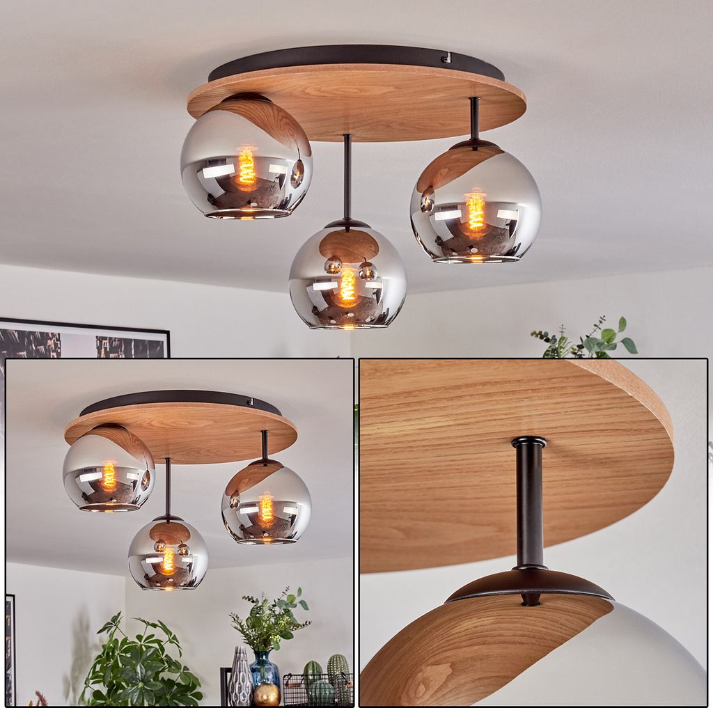 Cesaro Deckenlampe, Metall/Holz/Glas, Schwarz/Natur/Chromfarben/Rauchfarben