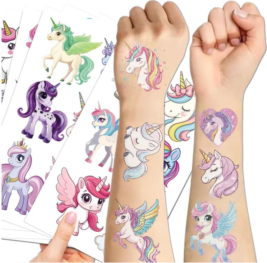 Temporäre Einhorn-Tattoos für Kinder, Set mit 20 Bögen Produktbild 