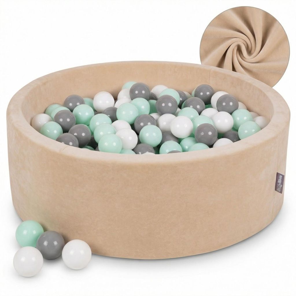 KiddyMoon Velvet Kinder Bällebad Rund 90x30cm mit 300 Bunten Bälle ∅7cm - Bällepool für Baby zimmer Babyspielzeug Plastikbälle - Sandbeige