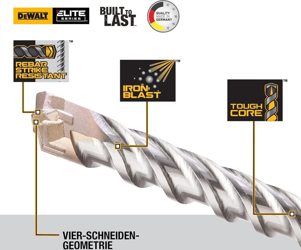 Kopie von Dewalt SDS-Plus Elite Hammerbohrer DT8926 (8x310x250mm, mit Vier-Schneiden-Geometrie, Vollhartmetall-Kopf & Iron Blast Technologie, für...