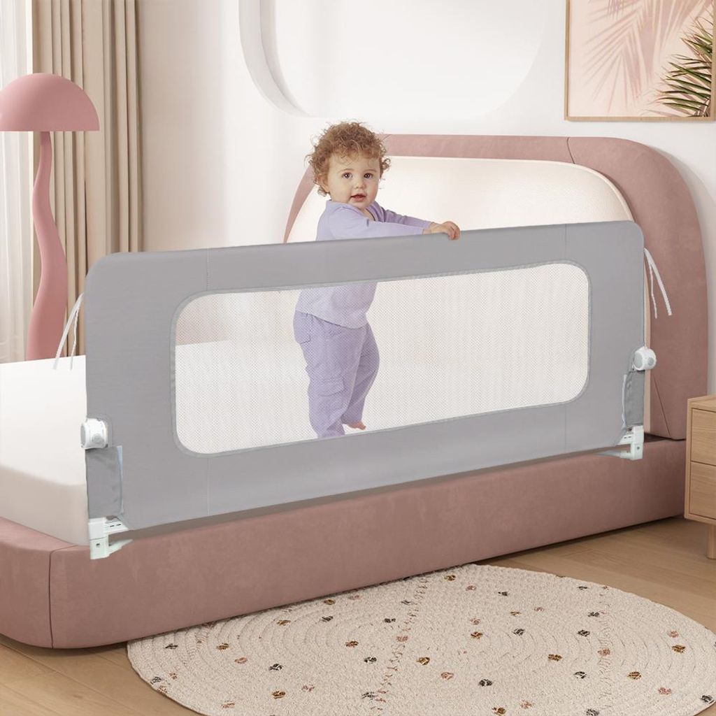 150cm Baby Bettgitter Höhenverstellbar Kein Stanzen erforderlich Rausfallschutz für Bett(Grau)