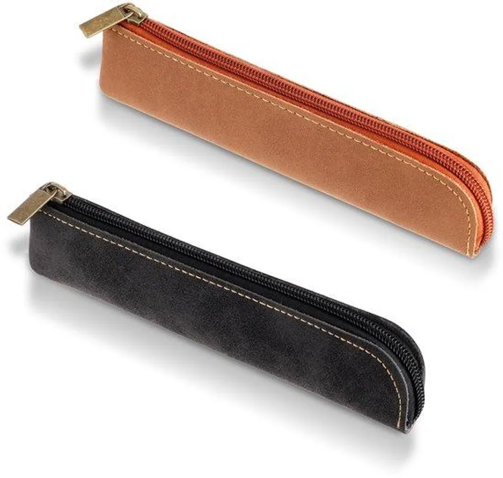 Petit étui en PU foncé étroit avec fermeture éclair pour stylos de bureau