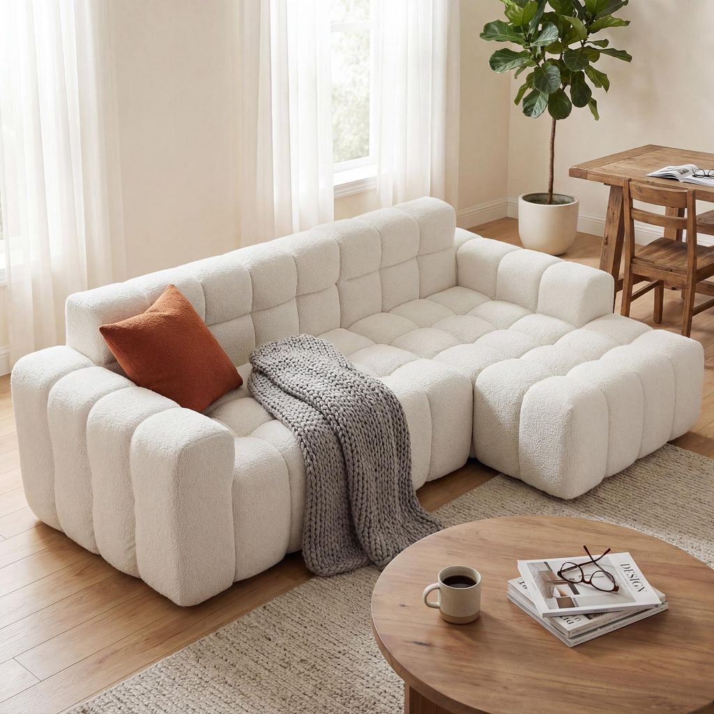 STILVORA Modulares Ecksofa 3-Sitzer mit Chaiselongue, Big Sofa aus Algenvelours mit Schaumstoffpolsterung, Wohnzimmer Sofa ohne Montage, Weiß