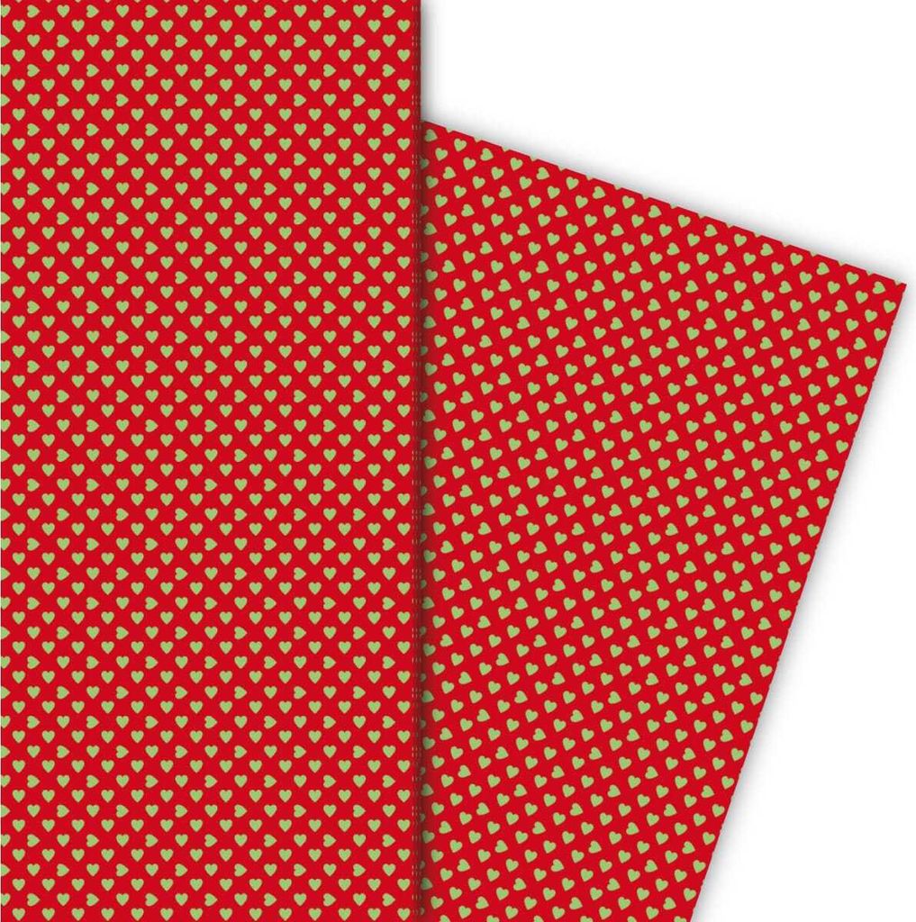 Romantisches Geschenkpapier mit kleinen Herzen grün auf rot - G5392, 32 x 48cm