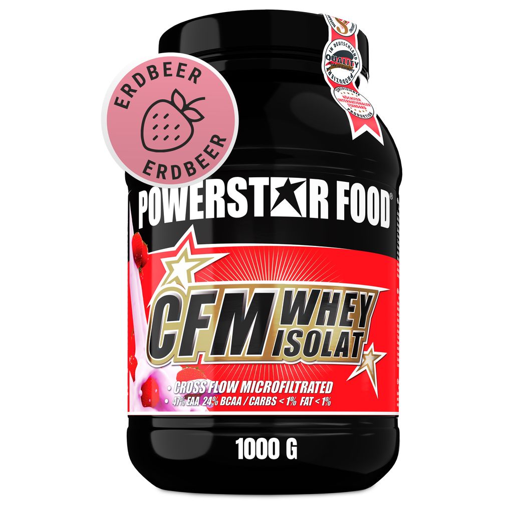 Powerstar 100% CFM WHEY ISOLAT 1000 g | 96,5% Protein i.Tr. | Whey Protein-Pulver zum Muskelaufbau | Eiweiß-Pulver aus Weidemilch | Strawberry