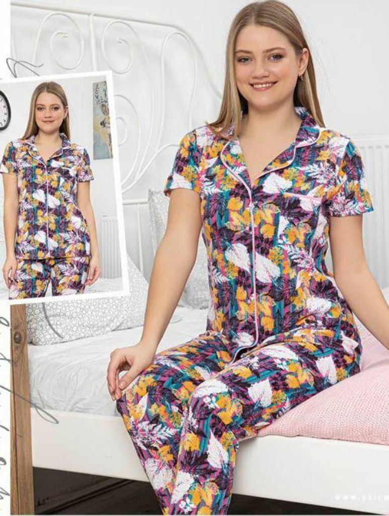 Damen Pyjama Schlafanzug Lila L Kurz Baumwolle mit Knöpfen 2 Teiler S-94