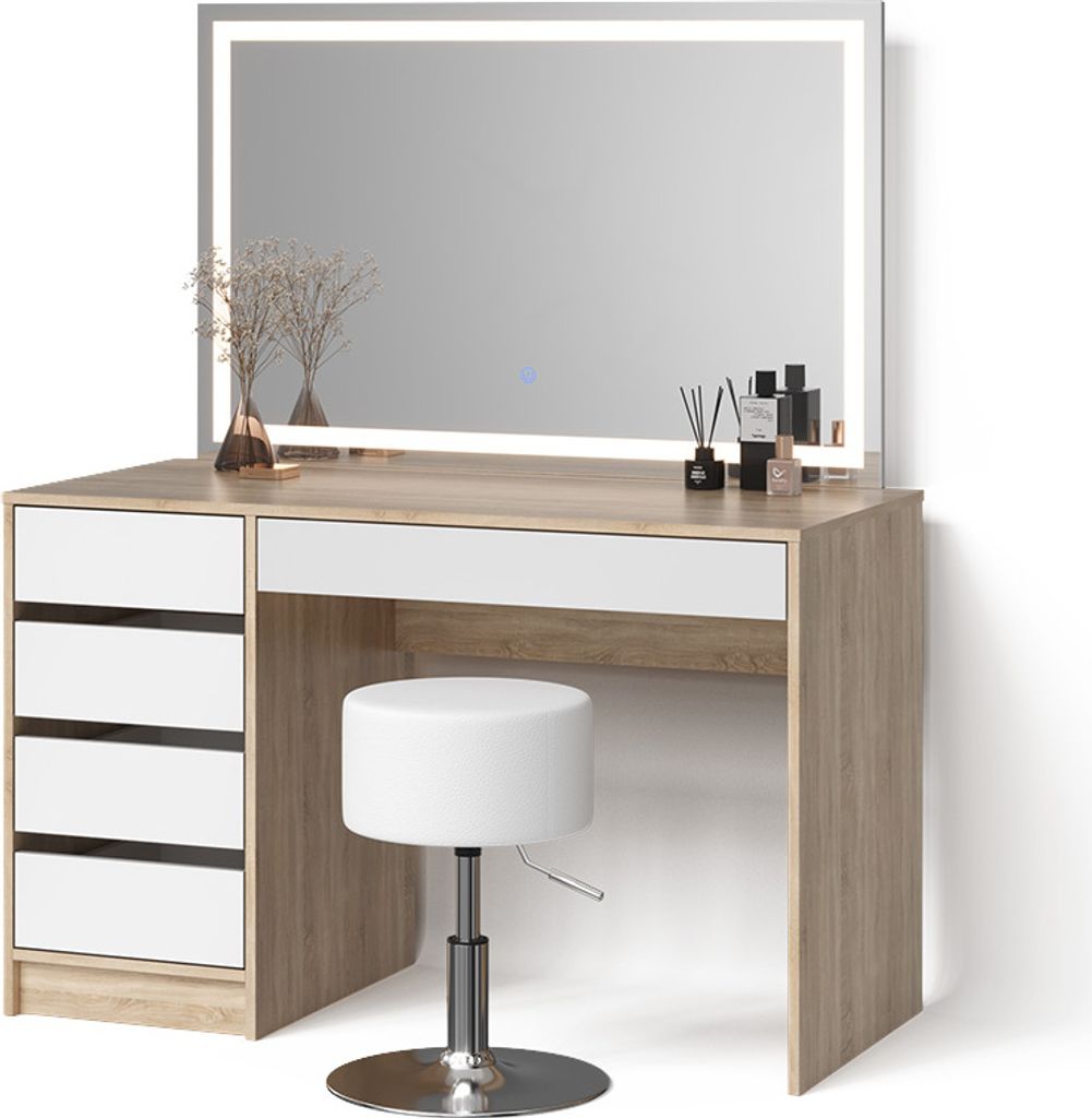 Schminktisch Livinity Imola Weiß/Sonoma mit LED-Spiegel und Hocker, Model 52380