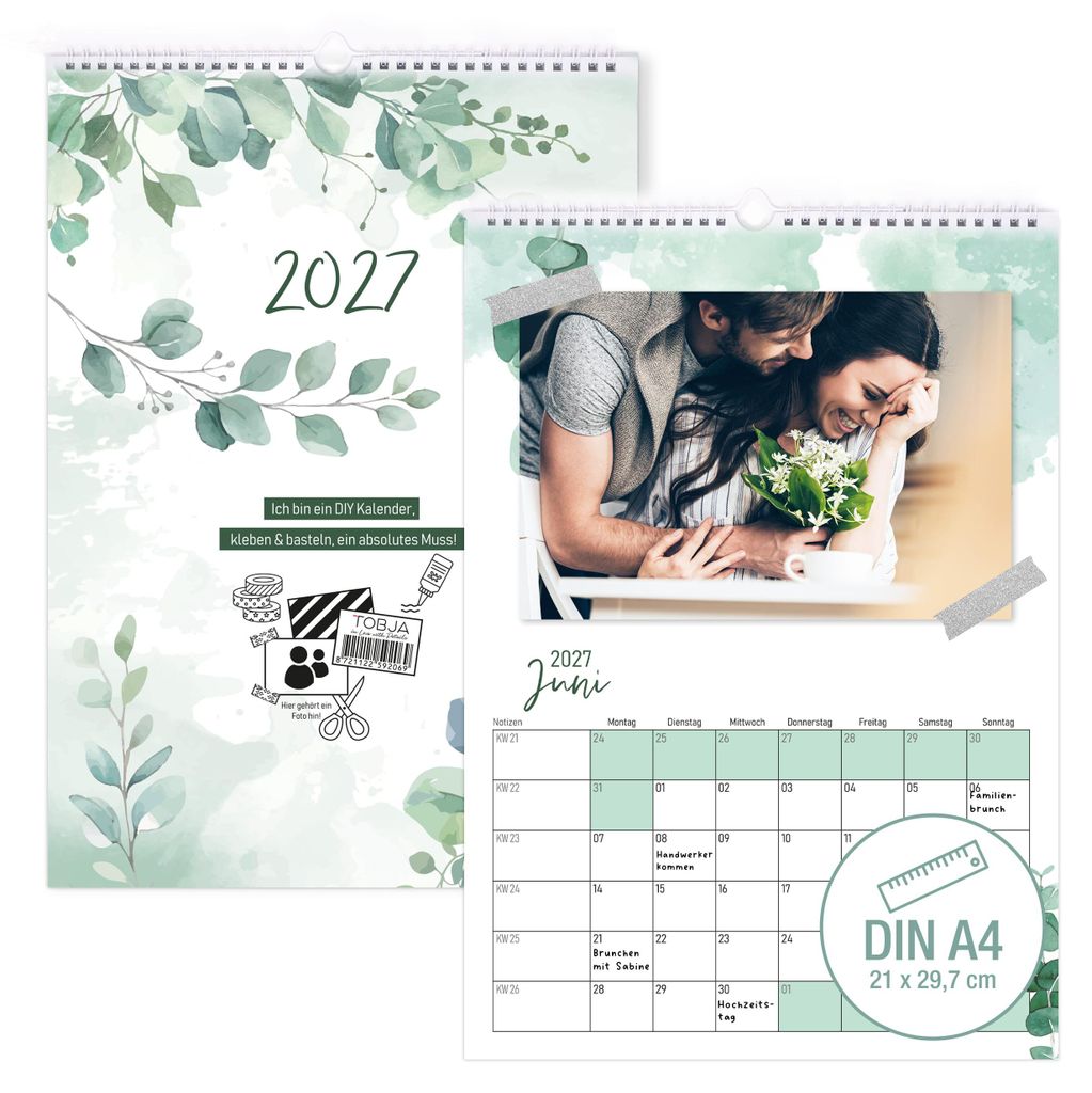 DIY Foto-Kalender 2027 A4 Eukalyptus Botanical Bastelkalender 250gRingbindung Wandkalender