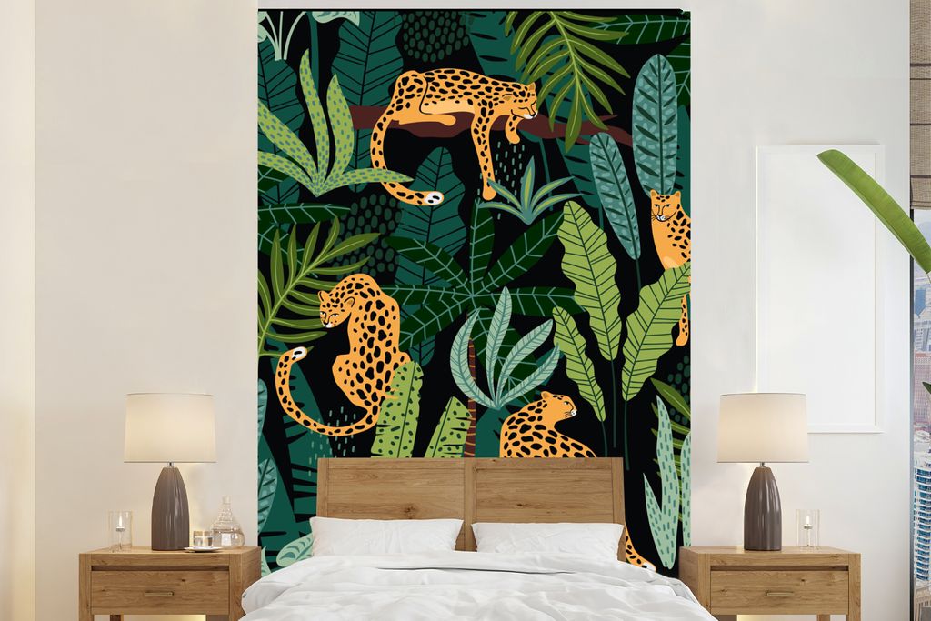 MuchoWow Fototapete für Wohnzimmer oder Schlafzimmer Wandtapete Vinyl Motivtapete Dschungel - Panther - Muster - Jungen - Mädchen - Pflanzen - ...