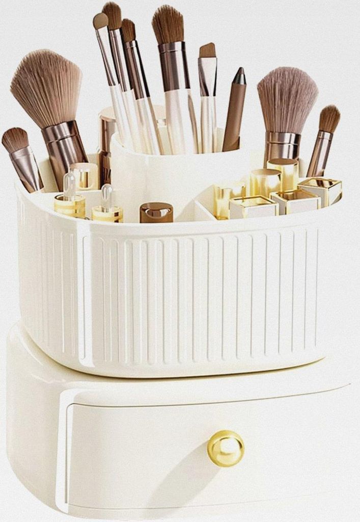 360° Drehbarer Makeup-Organisator, Makeup-Pinselhalter mit Schublade, 2 in 1 Schreibtisch-Organisator, Bleistifthalter, Kosmetik-Desktop-Organisat...