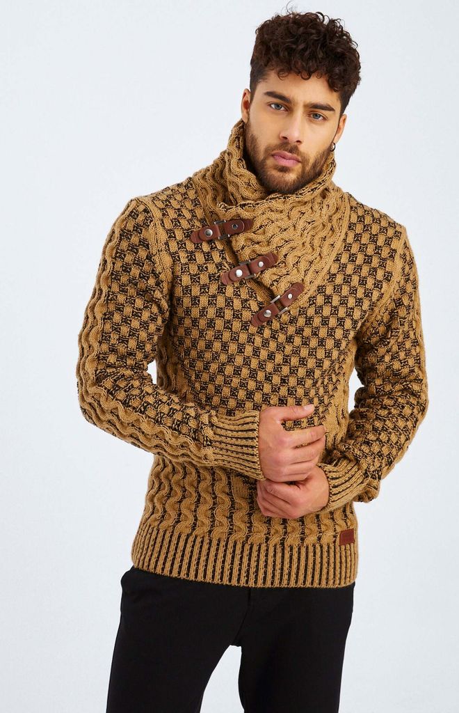 Leif Nelson Schalkragen Herren Strickpullover Grobstrick Schalkragen LN-5255, Braun Schwarz / XL